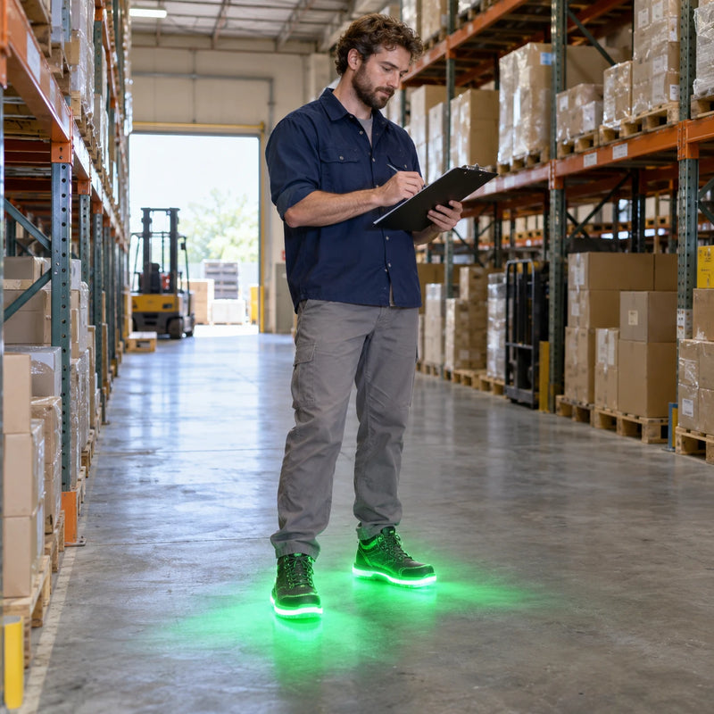 A friendly warehouse worker in a navy overshirt and gray pants, leather work boots, writing on a clipboard in a daylight-lit warehouse aisle of tall shelves and boxes.